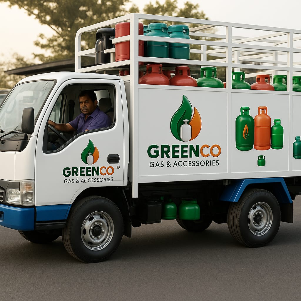 GreenCo Gas & Accessories delivery truck with gas cylinders